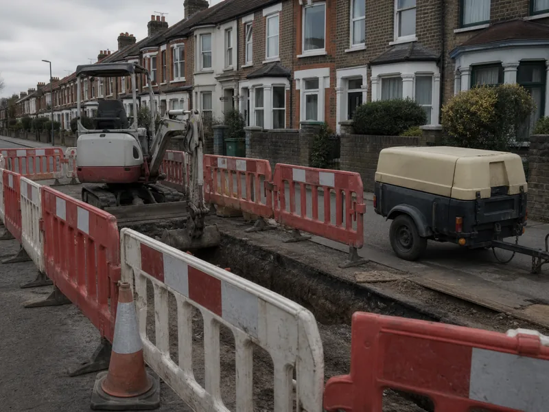 A small excavator beside an open trench on a British street, surrounded by red and white barriers, cones and a compressor trailer.
