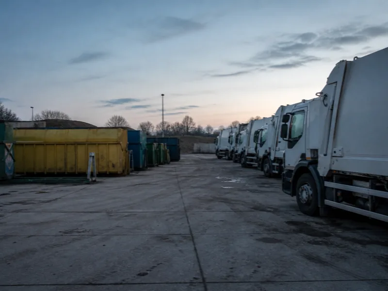 Refuse collection vehicles parked in a line beside roll on roll off skips at a municipal waste depot in early morning light.
